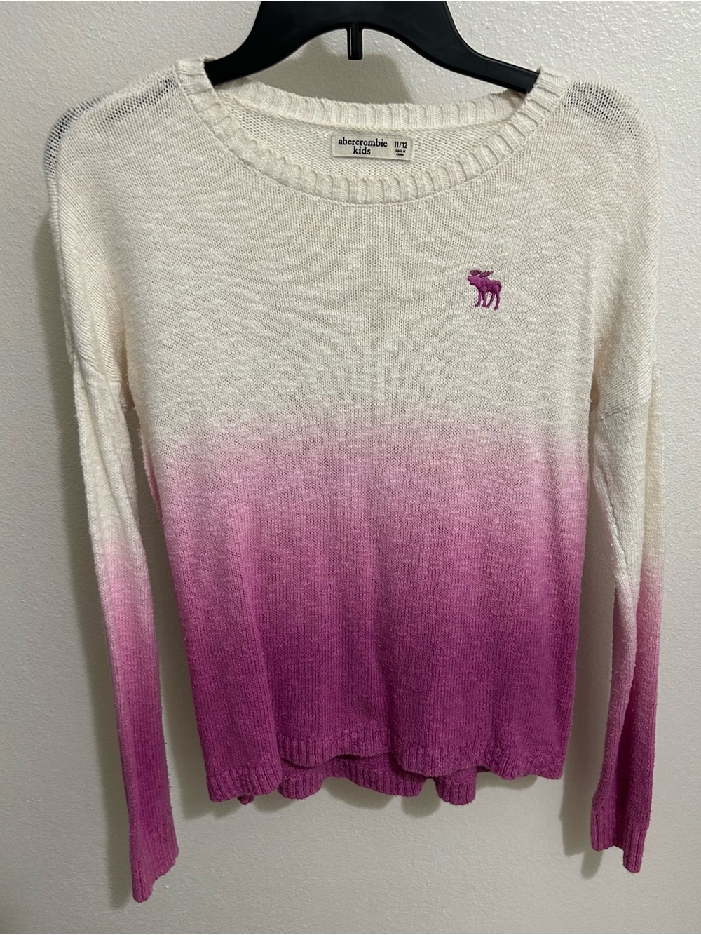 abercrombie kids Cream Crewneck Sweater with Pink Embroidered Moose